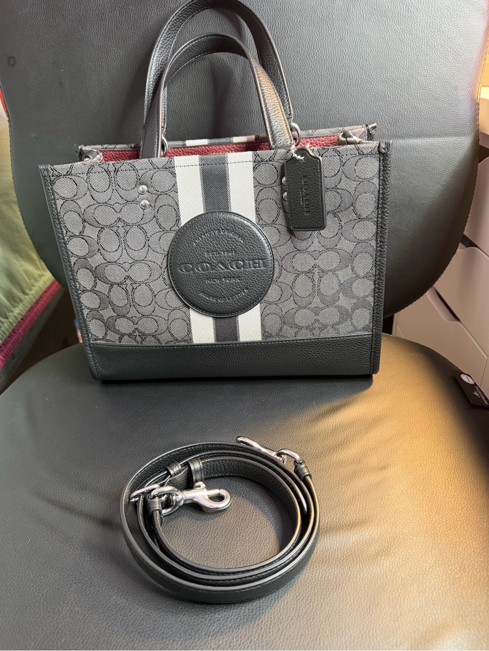 COACH Dempsey 27 Black Signature Jacquard Pebble Leather Tote Bag